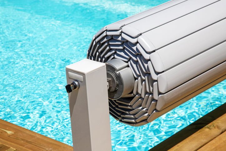 Slatted Pool Cover On A Reel This is a slatted pool cover, wound on a roller