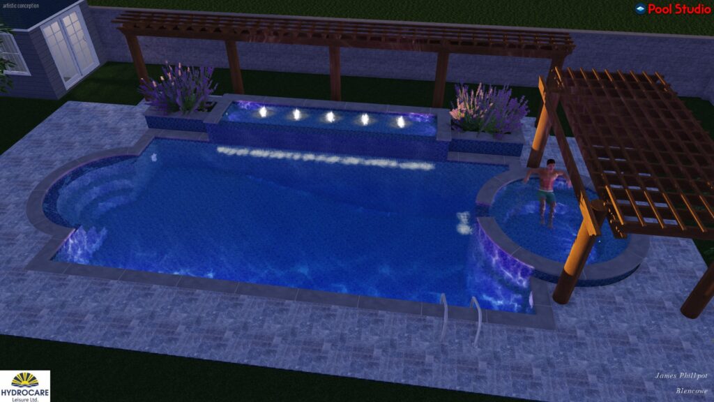 3D design of a swimming pool with a hot tub and pergola