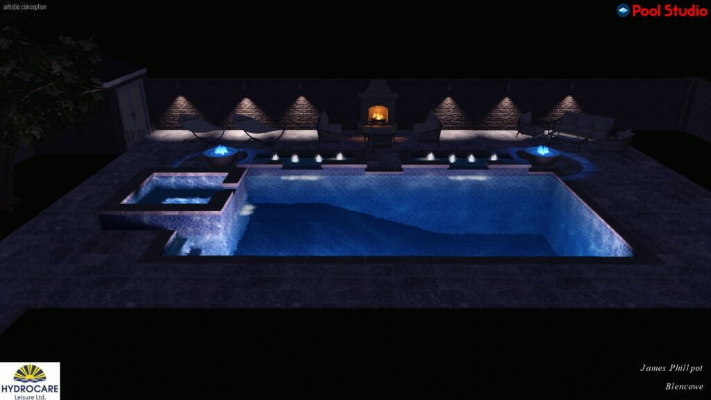 3D design of a swimming pool with hot tub, water features and seating areas