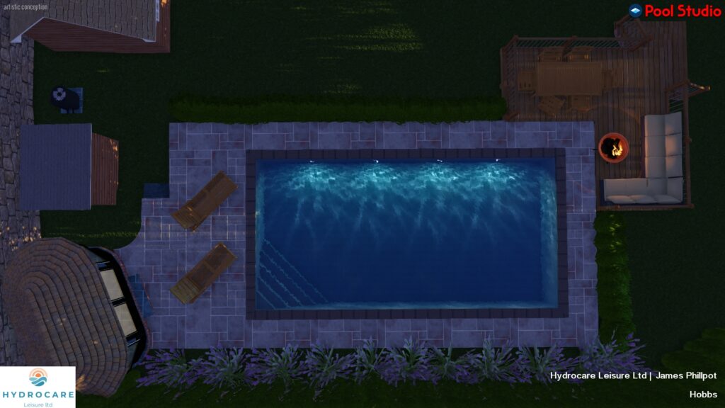 3D design of a rectangle swimming pool with fire pit, seating area and outbuilding