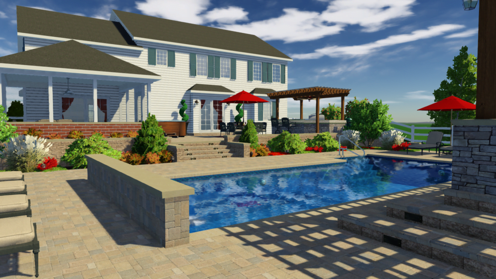 3D swimming pool design with planting, parasols and a pergola