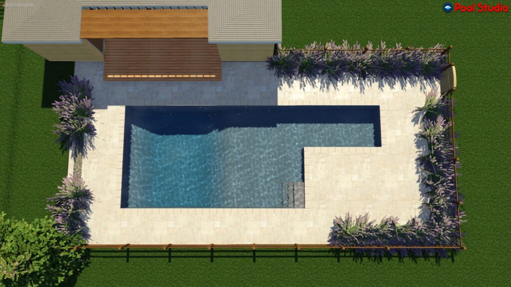 3D swimming pool design with a patio and greenery surrounding