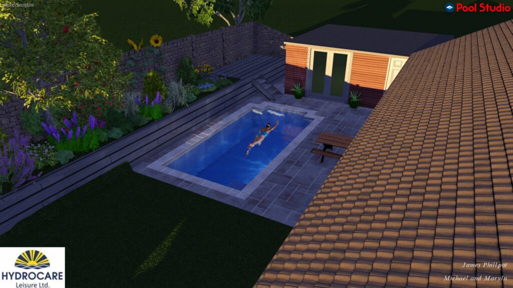 3D small swimming pool design with raised planters and a patio area