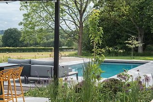Outdoor swimming pool with sofa seating and greenery