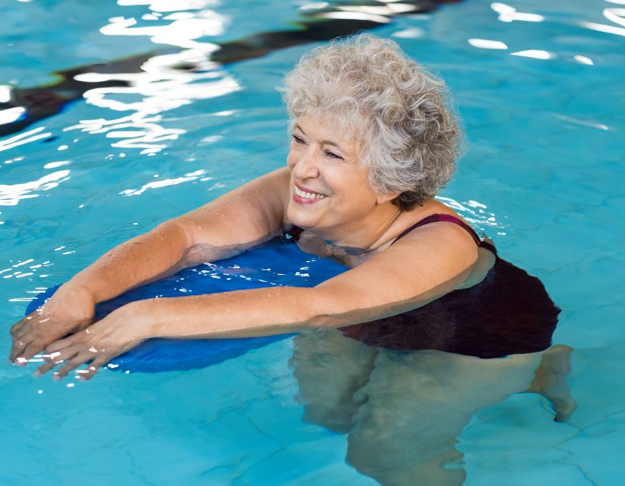 A woman swims in a pool