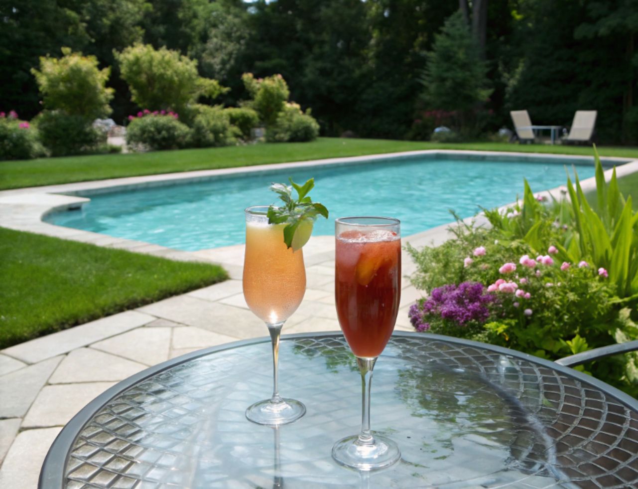 two cocktail glasses on round glass patio table with a swimming pool in the background