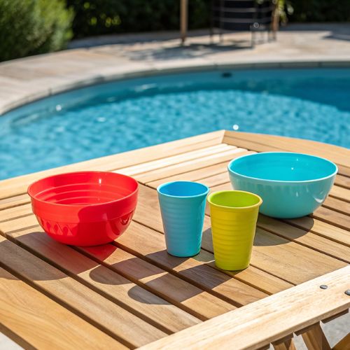 coloured plastic bowls and cups on a wooden patio table with swimming pool in the background