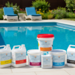 Hydrocare chemicals product range in front of a swimming pool