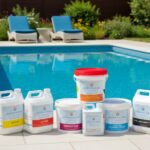 Hydrocare chemicals product range in front of a swimming pool