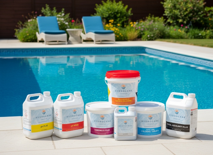 Hydrocare chemicals product range in front of a swimming pool
