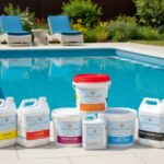 Hydrocare chemicals product range in front of a swimming pool