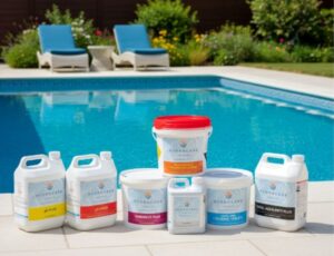 Hydrocare chemicals product range in front of a swimming pool