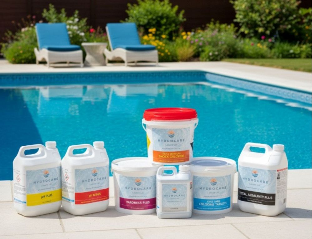 Hydrocare chemicals product range in front of a swimming pool